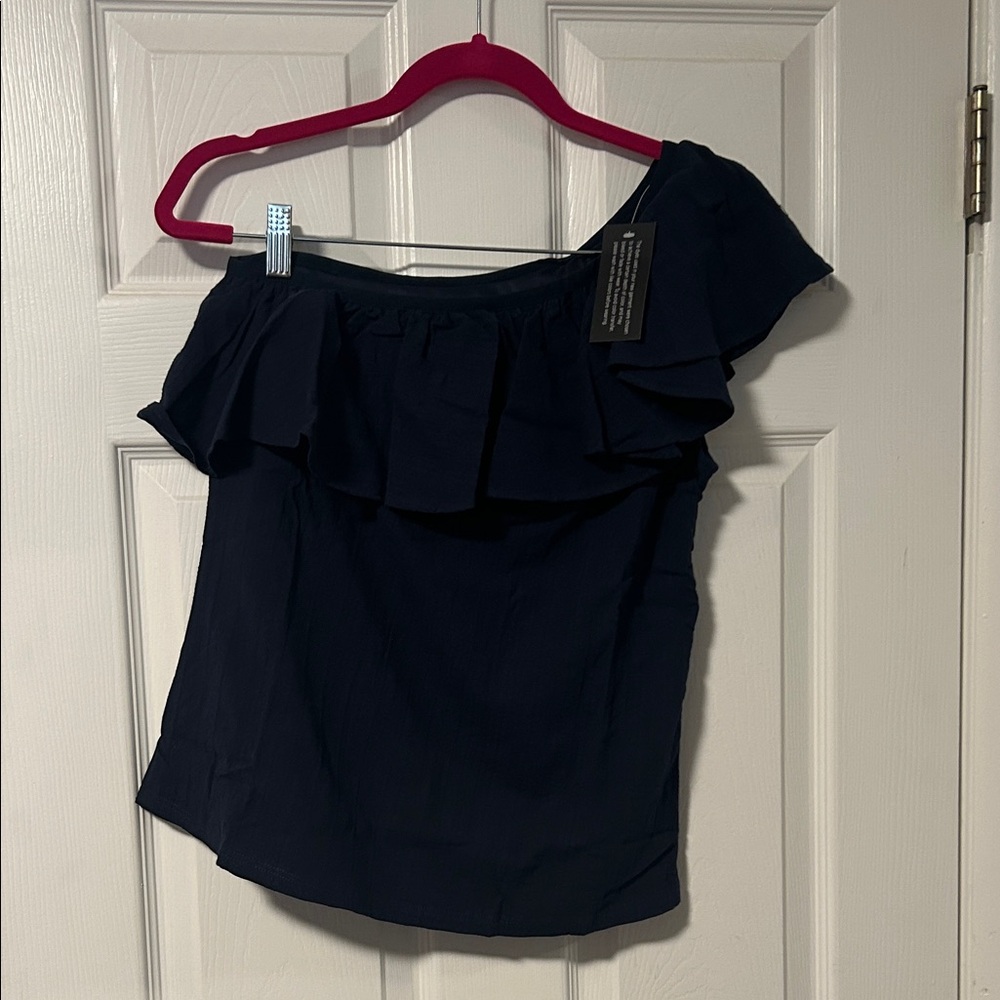 G by Giuliana Navy Ruffle One-Shoulder Blouse